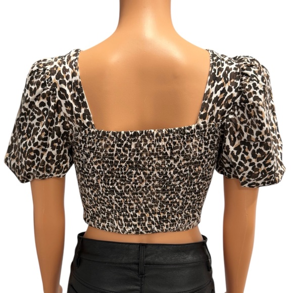 JAPNA Leopard Animal Print Linen Blend Stretchy Puff Short Sleeve Crop NWT Small - Picture 6 of 11